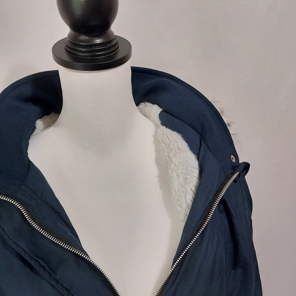 Tiffosi Navy Blue Hooded White Faux Fur Zip Up Button Down Long Sleeve Jacket M - Picture 5 of 15
